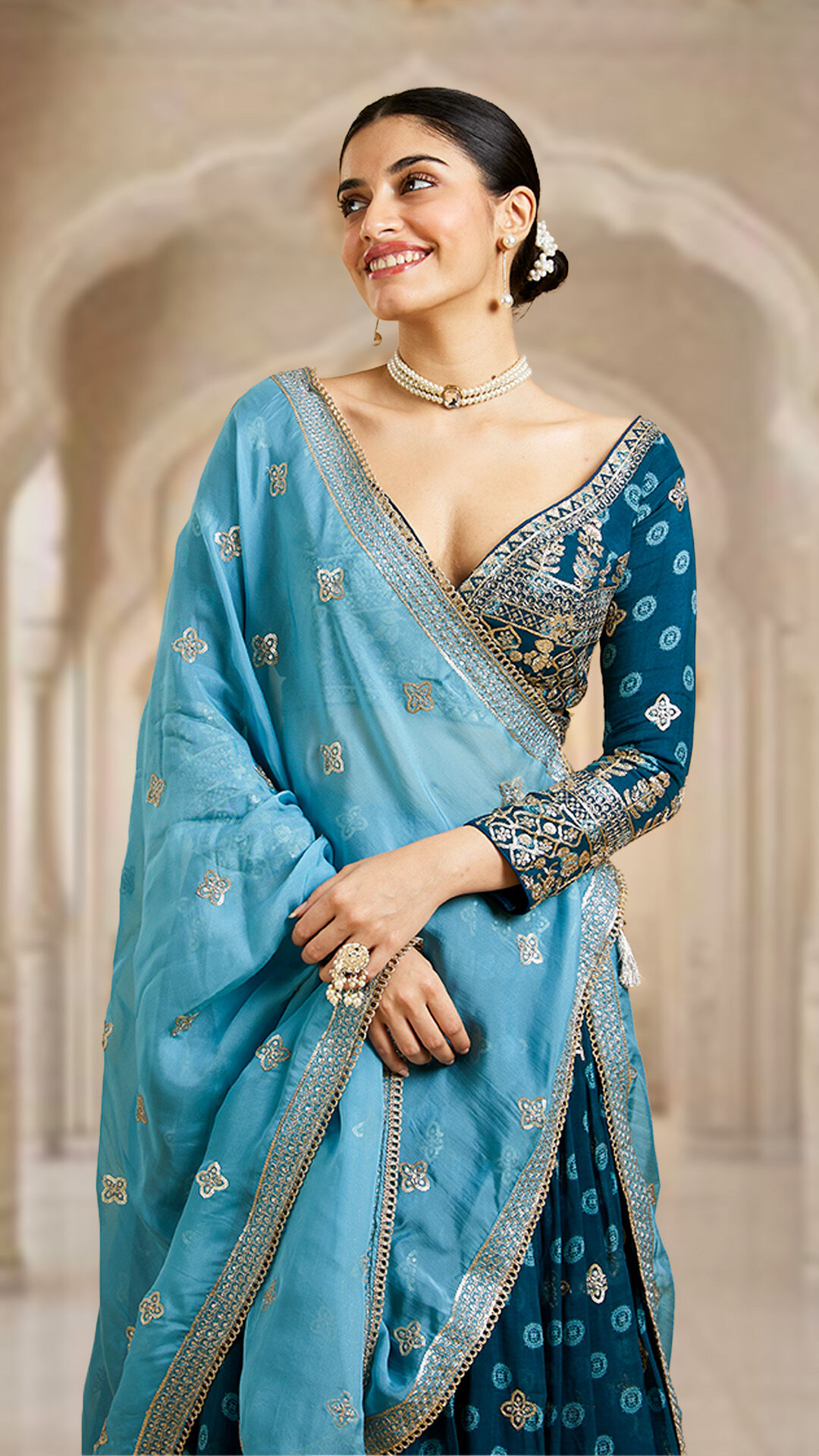 Elegant modern blue lehenga paired with a light blue dupatta, showcasing a unique bridal ensemble